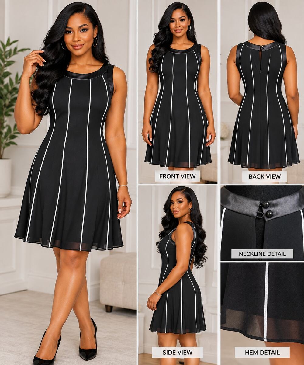 Dressbarn Collection Womens 8 Black White Piped Sleeveless Midi Dress